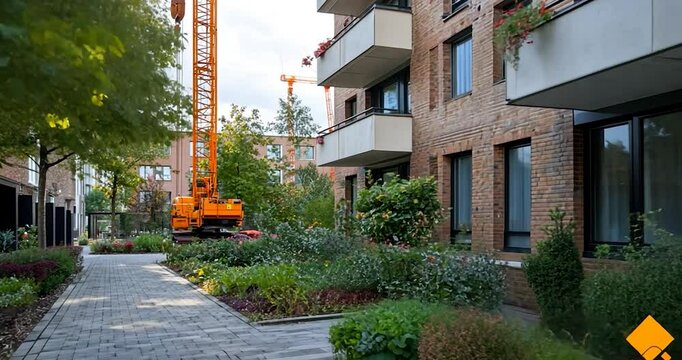 Residential building with flower beds a brick facade and construction crane, walkway with paving stones, sunny day, vibrant greens and yellows