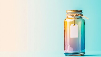 A colorful glass jar with a blank tag, elegantly styled against a soft pastel backdrop.