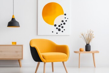 A brightly colored retro armchair with rounded edges and wooden legs, placed in a cozy living room with mid-century decor
