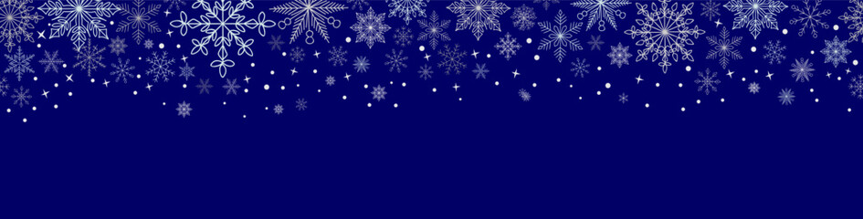 Christmas art border with blue, silver snowflakes