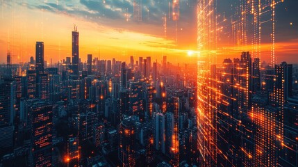 Fototapeta premium A vibrant city skyline at sunset, illuminated by digital effects, showcasing modern architecture and a futuristic atmosphere.