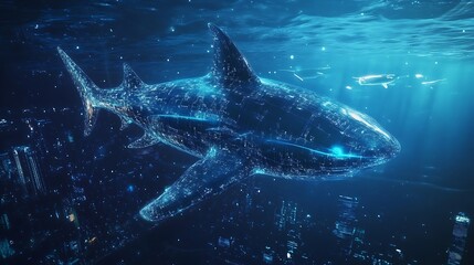 Fototapeta premium Digital Shark Swimming Over Cityscape in the Deep Blue Sea