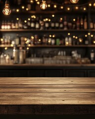 Empty wooden table top with a blurred background wall decorated with love icons and fairy lights, a bar interior in dark gray and brown tones