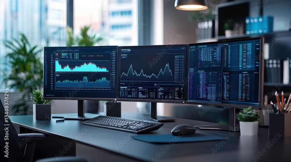 Poster a modern workspace featuring multiple screens displaying financial data and charts, emphasizing a te
