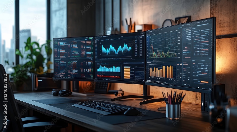 Poster a modern workspace featuring multiple screens displaying data analytics, with a stylish desk setup a