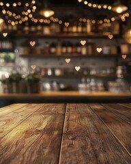 Empty wooden table top with a blurred background wall decorated with love icons and fairy lights, a bar interior in dark gray and brown tones