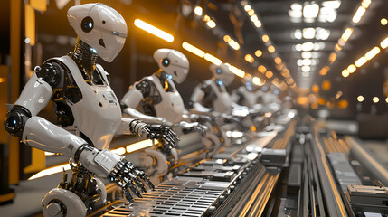 Fototapeta premium A futuristic scene featuring humanoid robots working collaboratively on an automated production line in an industrial setting.