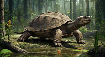 Fototapeta premium Carbonemys Cofrinii Wading Through a Shallow, Swampy Environment of the Paleocene Epoch in South America_