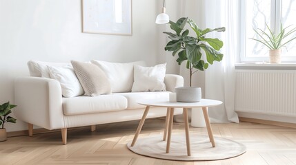 A Scandinavian-inspired living room with light wood flooring, a white linen sofa, a simple round coffee table, soft pastel decor, and indoor plants adding a fresh touch