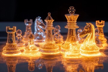 Illuminated chess pieces showcase intricate design during evening game in cozy indoors setting