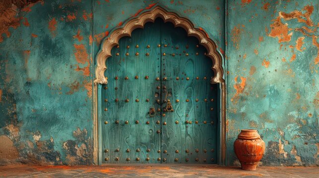 A blue door with a gold handle sits in front of a wall with a brown vase