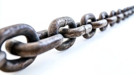 Obraz premium A single row of thick steel chain links aligned in a straight line on a bright white background, with no shadows. The image focuses on the industrial and mechanical aspects of the chain.