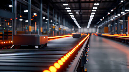 A modern warehouse scene featuring a conveyor belt with automated robots transporting goods, illuminated by bright overhead lights.