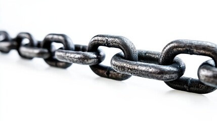 Obraz premium A single row of thick steel chain links aligned in a straight line on a bright white background, with no shadows. The image focuses on the industrial and mechanical aspects of the chain.