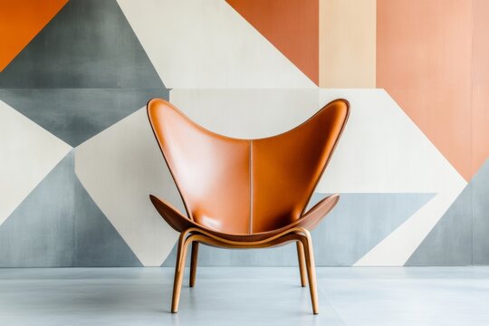 Fototapeta A classic butterfly chair with leather upholstery, set against a backdrop of geometric retro wallpaper