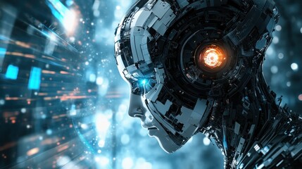 Fototapeta premium Artificial Intelligence: A Futuristic Cyborg Head Close-Up