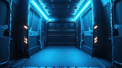 Fototapeta premium Blue-lit van cargo space, night