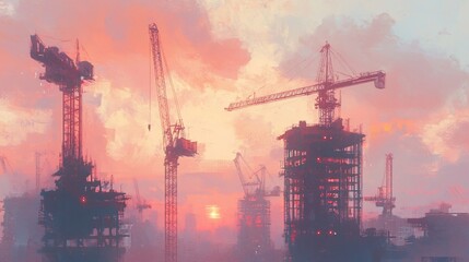 Construction site at sunset with cranes and buildings under development.