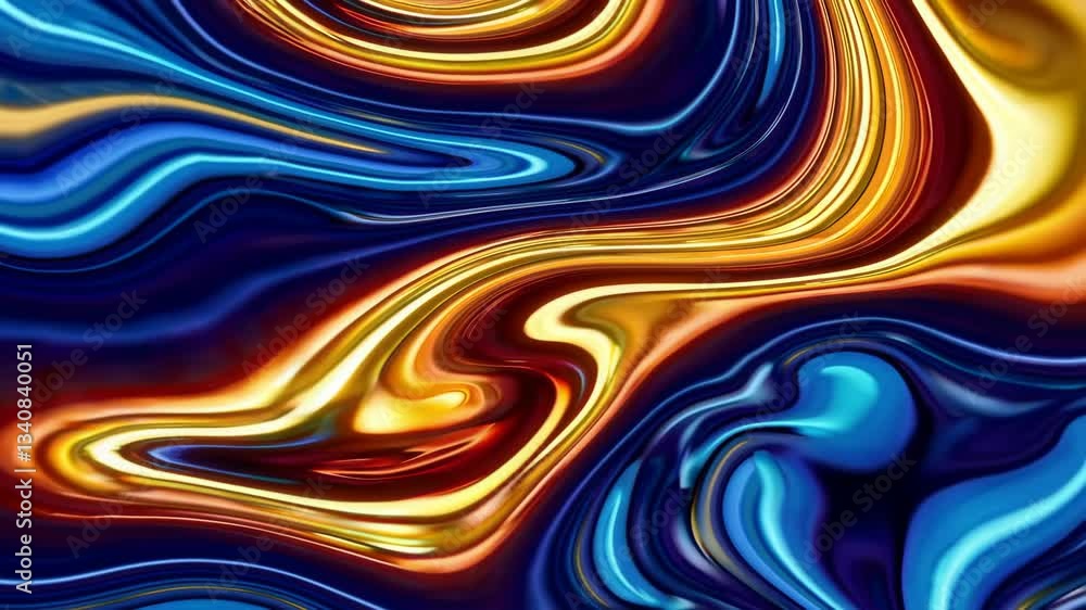 Poster Vibrant abstract fluid art with swirling blue and gold patterns. Artistic expression concept