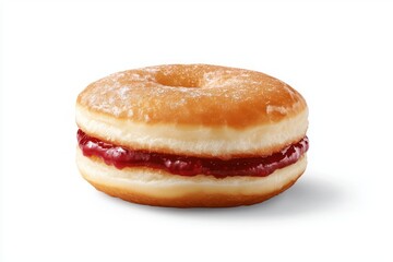 Delicious donut filled with vibrant raspberry jam on a white background sweet tempting confectionery