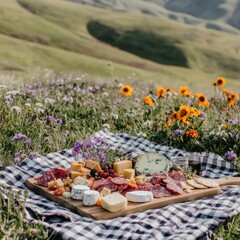 Scenic Meadow Picnic Spread Featuring Assorted Cheese Charcuterie and Wine on Checkered Blanket Amidst Wildflowers
