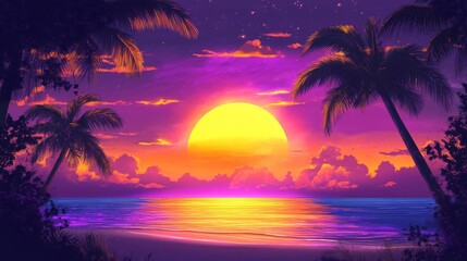 Digital illustration of a sunset over the sea, with palm trees on the shore.