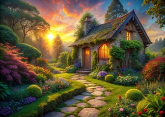 Fototapeta premium Surreal Sunset Garden Path to Stone Cottage - Magical Fantasy Landscape