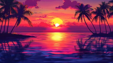 Digital illustration of a sunset over the sea, with palm trees on the shore.