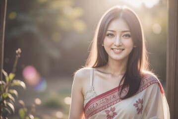 Naklejka premium Smiling Asian Woman in Saree: Serene Beauty in Natural Light, Cultural Elegance & Warmth