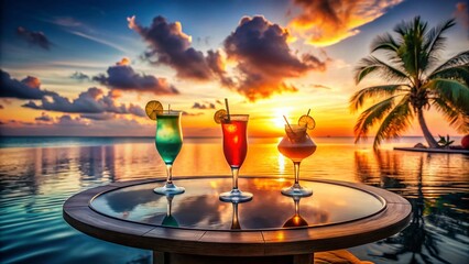 Fototapeta premium Surreal Tropical Beach Poolside Relaxation: Three Cocktails on a Circular Table