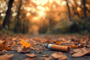close-up of unextinguished cigarette lies on ground with autumn leaves in forest road with blurred background at evening