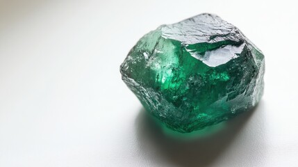 Fototapeta premium Close-up of a raw emerald gemstone with deep green hues, resting on a clean white surface. The rough, unpolished texture highlights its natural beauty and mineral structure.
