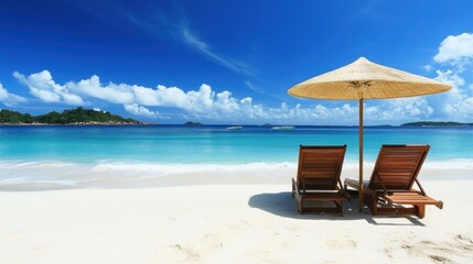 Fototapeta premium Tropical Beach Paradise: Two Lounge Chairs Under a Thatched Umbrella