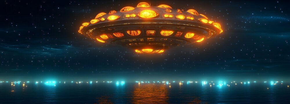 A futuristic floating marketplace above a glowing ocean, where traders sell alien artifacts