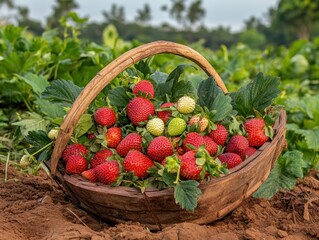 Closeup of a woven basket overflowing with fresh, ripe red strawberries fresh