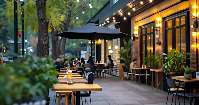 Outdoor restaurant scene with tables umbrellas and string lights under a twilight sky. People dine and enjoy a relaxing evening amidst urban greenery