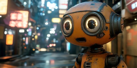 Charming Robot in Colorful Urban Night Scene with Futuristic Elements