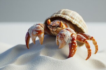 3D hermit crab with shell, crawling on white sand,