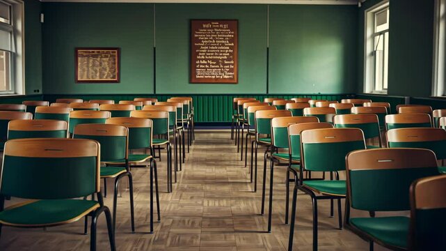 An empty classroom featuring neatly arranged, evenly spaced chairs in a minimalist setting, emphasizing a serene and organized learning environment.