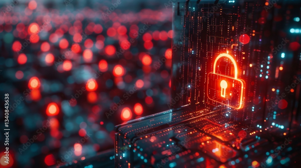 Poster data security breach highlighted by glowing lock and digital landscape with cybersecurity elements