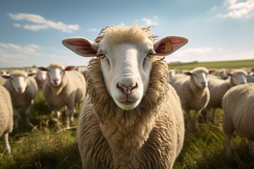 Fototapeta premium A sheep is standing in a field with other sheep in sunny day