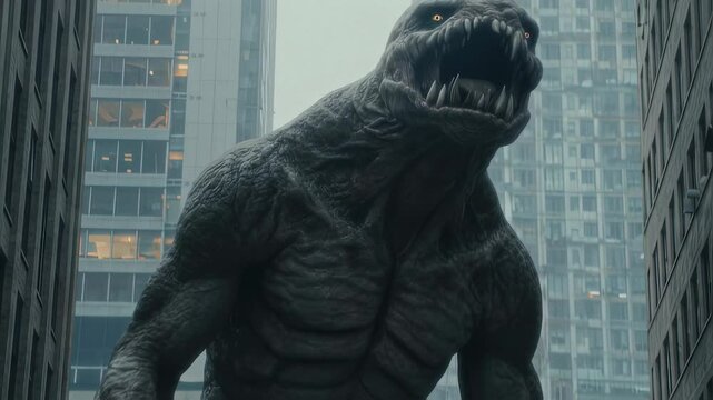 A towering monstrous creature emerges in the middle of a crowded city street, towering over terrified pedestrians, creating a dramatic and apocalyptic scene
