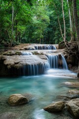 Flowing Waterfall in Lush Green Forest with Rocks and Turquoise Water