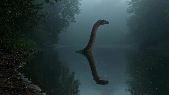 A long-necked, mysterious creature emerges from the misty waters of a forest lake at dawn, evoking a sense of folklore and cryptid legend