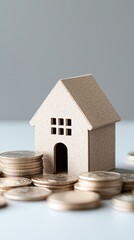 small model house sits among stacks of coins, symbolizing real estate investment and financial growth. This evokes feelings of security and prosperity