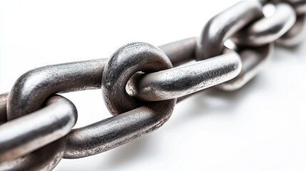 Fototapeta premium Close-up of large steel chain links arranged in a curve on a white background, with sharp focus on the metallic texture. The composition is clean, highlighting the chain strength.