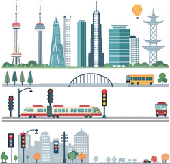 Obraz premium Dynamic icon pack of Urban Life Infrastructure Info graphic buildings. Generative AI.