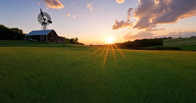 Scenic rural sunset video with windmill barn and vibrant colors. Features a green field white flowers and the sun setting. Peaceful atmosphere perfect for background