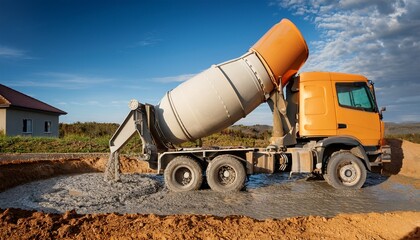 A cement mixer truck pouring fresh concrete onto a foundation, showcasing the construction process and building progress.
