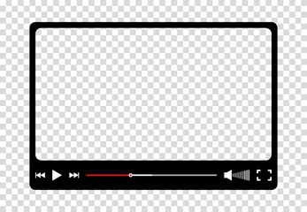 Multimedia video player for web and mobile apps. Chat video frame in flat style. Play video window with navigation icons, play button icon. Vector illustration on a transparent background.